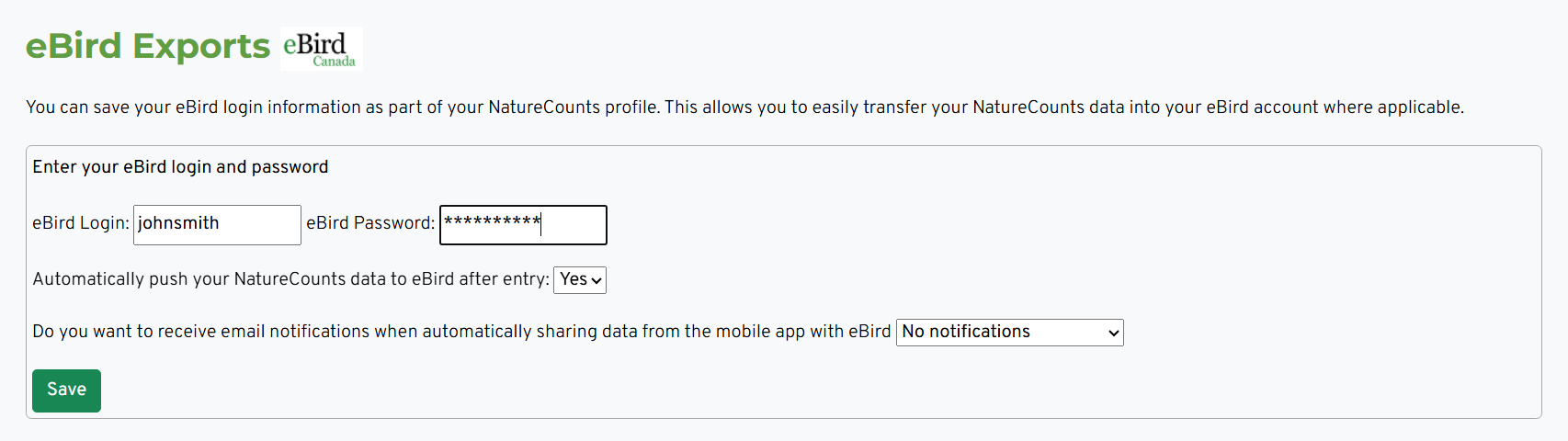 A screenshot of the NatureCounts website showing a box where the user can enter their eBird credentials.