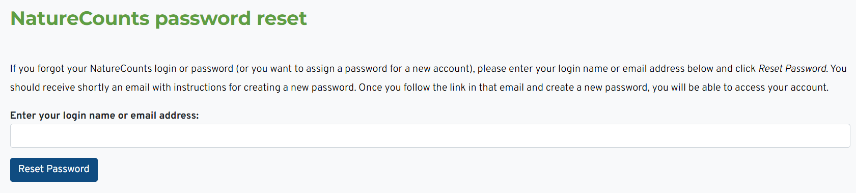 A screenshot shows the NatureCounts password reset page, with a blank field for the user to enter their username or email address.