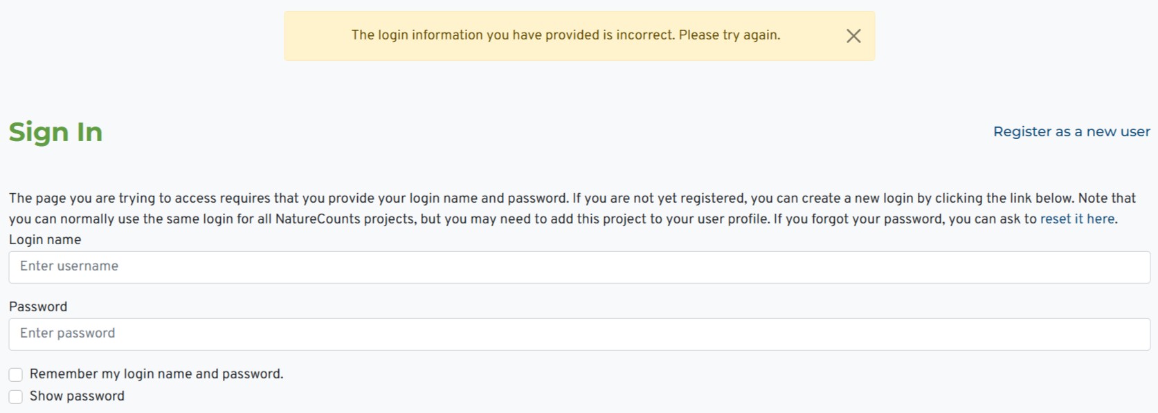 A screenshot shows the NatureCounts login screen with an error message reading 